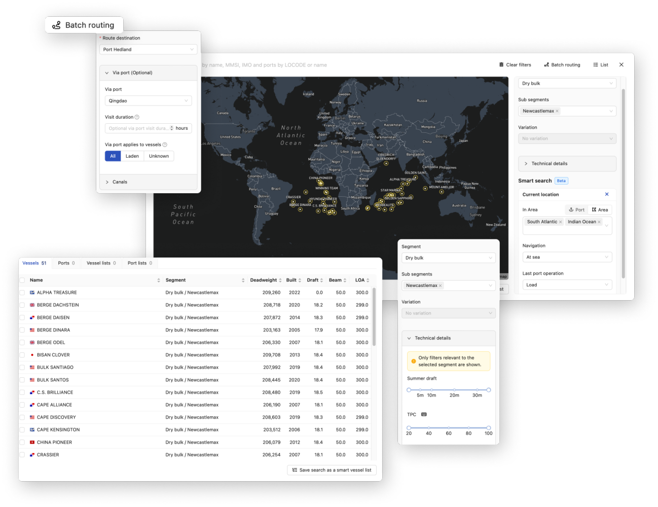 A composition of screenshots of the ShipIntel software showing the search functionality if the product