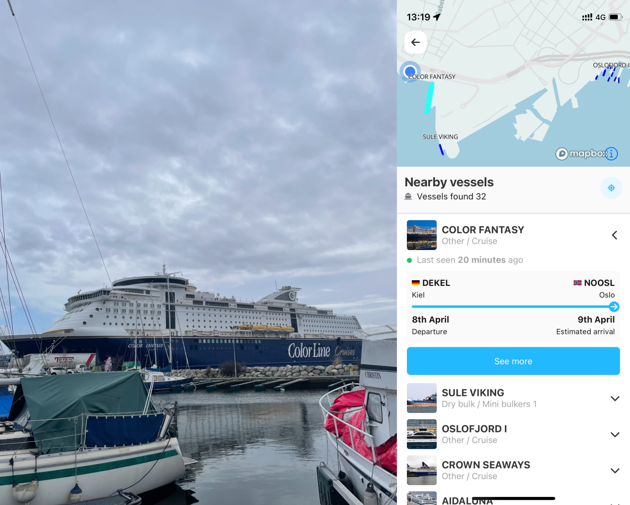 Picture of ship with screenshot of how ShipAtlas shows you what ships are nearby you