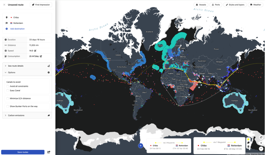Screenshot of ShipIntel, displaying different sea toure options from the Far East to North Europe