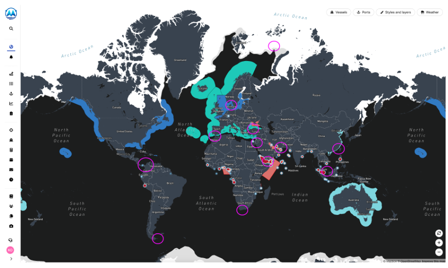 Screenshot of ShipIntel, showing a map with various layers displaying war zones, anti-shipping activities and some of the primary global seaway waypoints